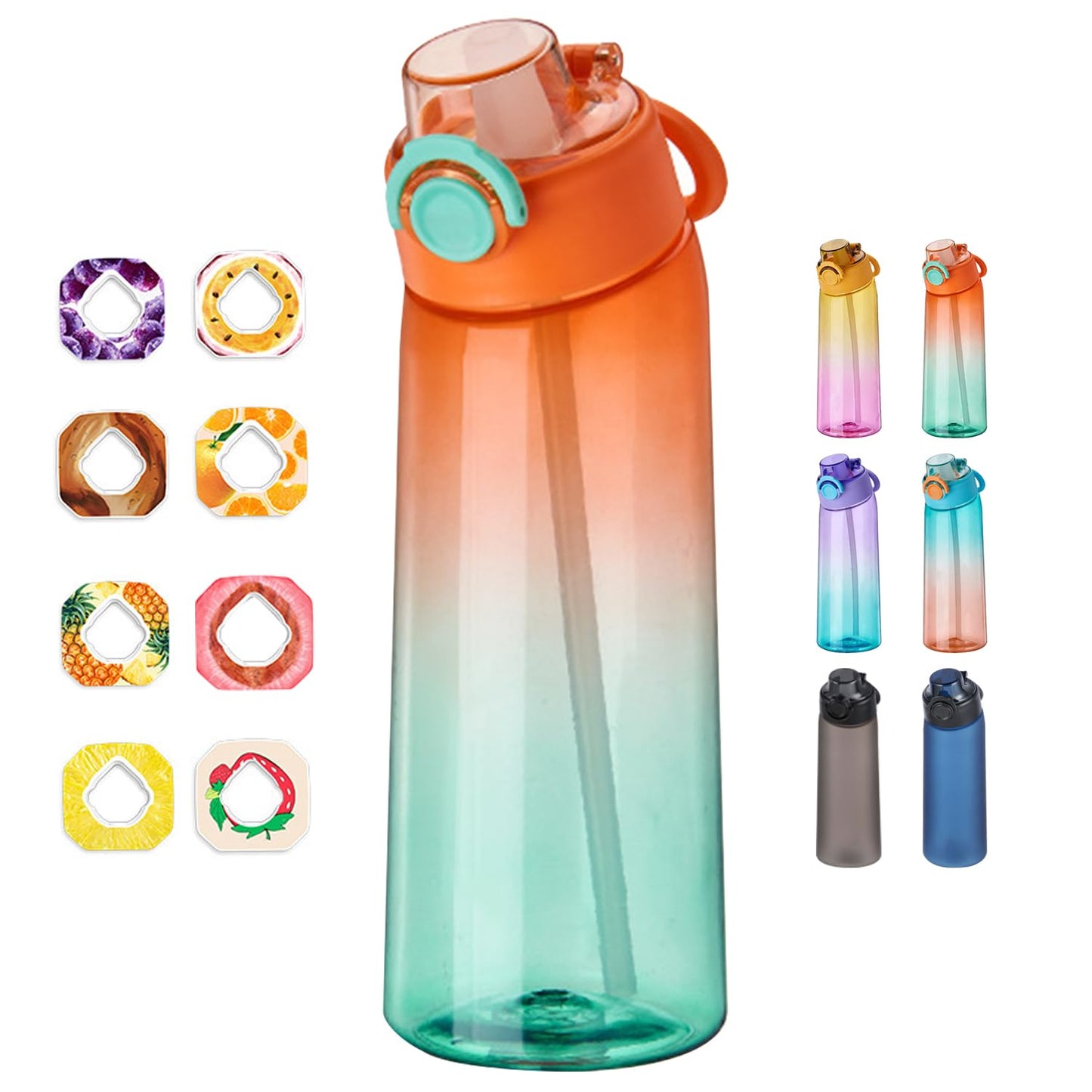 DPZO, Borraccia Air Gourde Up da 900 ml, per sport, con cannuccia, con 8 capsule aromatizzate, borraccia in tritan per l’allenamento (viola-blu sfumato)