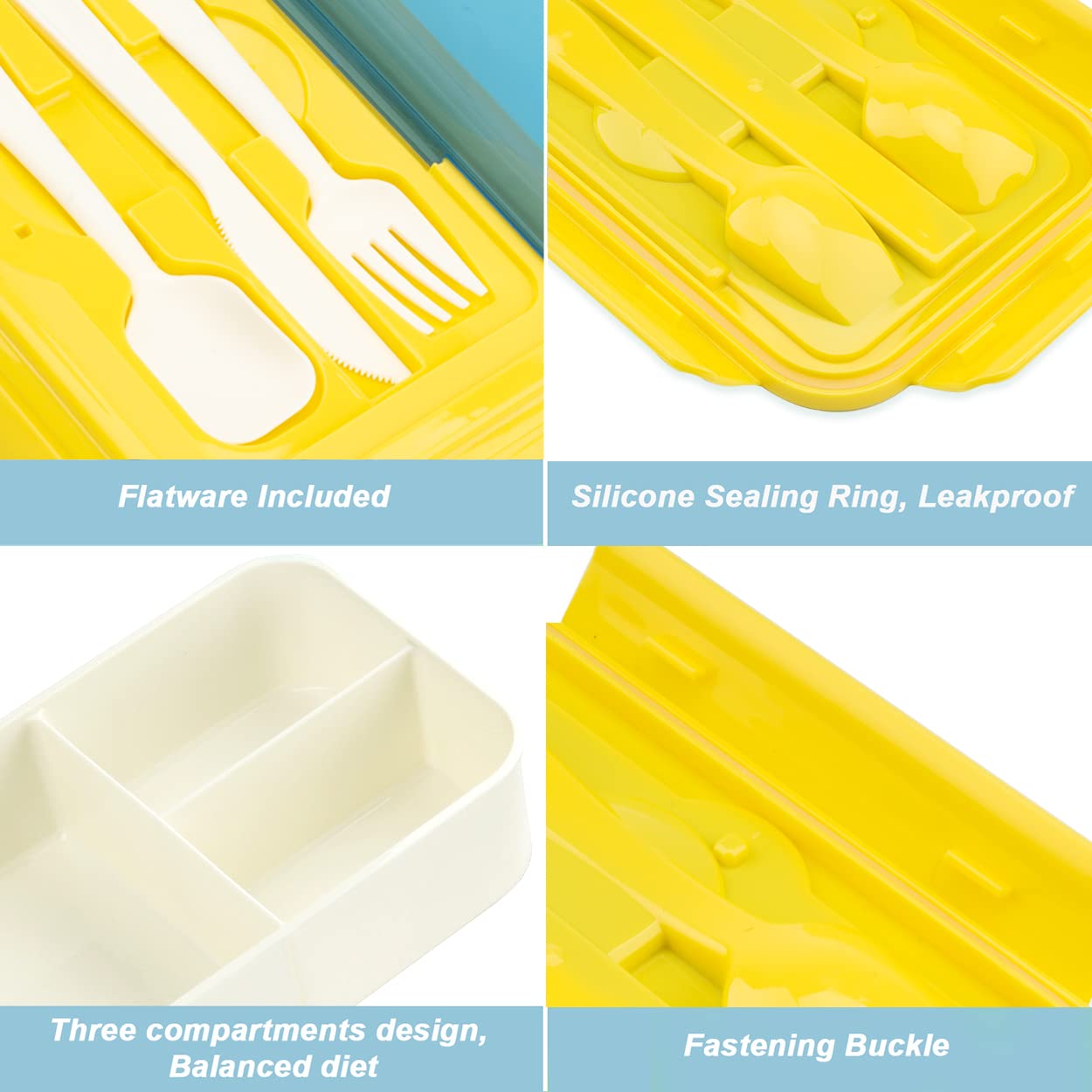 Bibury Porta Pranzo, Lunch Box Prova di Perdite, Bento Box con 3 Scomparti e Posate(Forchetta e Cucchiaio), Portapranzo, Sicuri per Microonde e Lavastoviglie - Blu