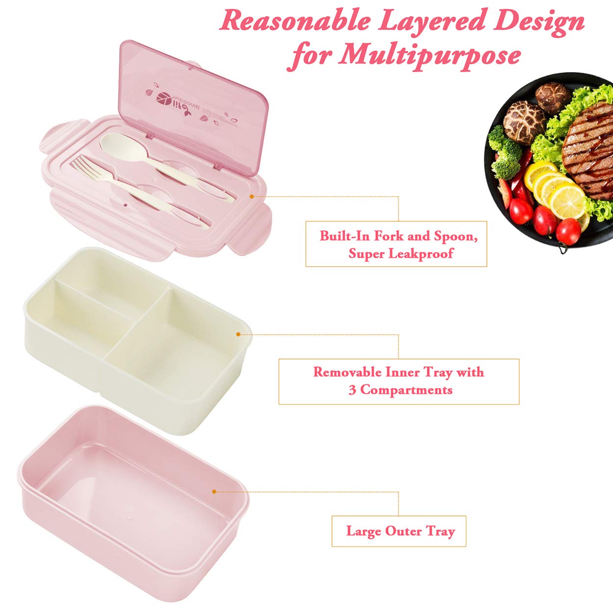 Bibury Porta Pranzo, Lunch Box Prova di Perdite, Bento Box con 3 Scomparti e Posate(Forchetta e Cucchiaio), Portapranzo, Sicuri per Microonde e Lavastoviglie - Blu