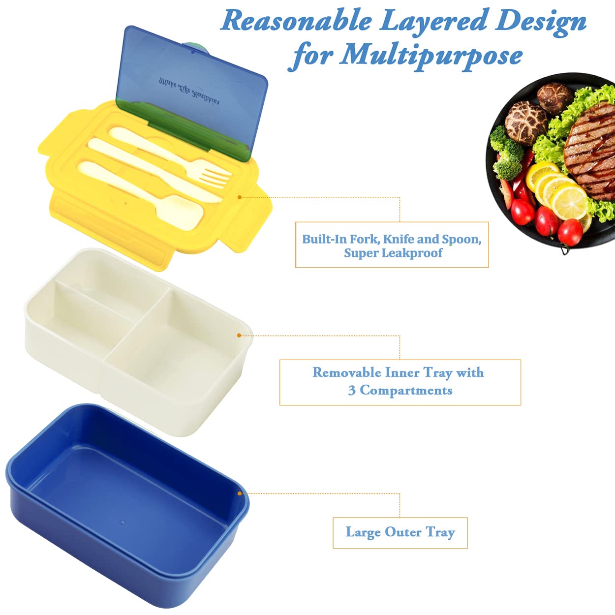 Bibury Porta Pranzo, Lunch Box Prova di Perdite, Bento Box con 3 Scomparti e Posate(Forchetta e Cucchiaio), Portapranzo, Sicuri per Microonde e Lavastoviglie - Blu