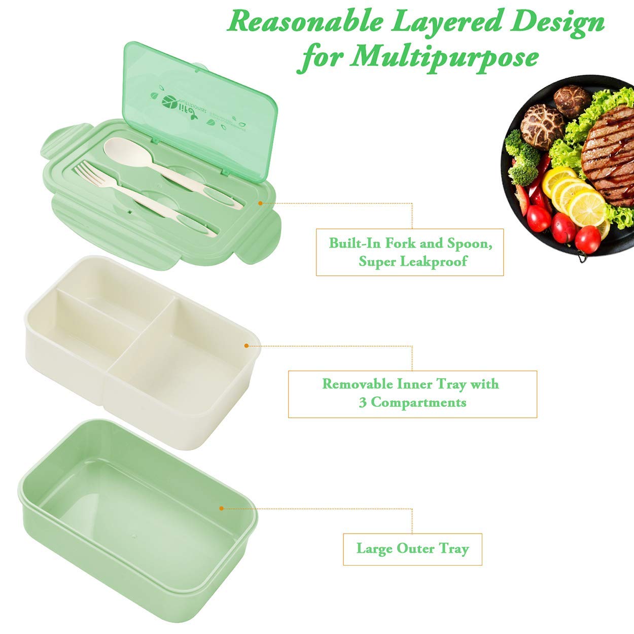 Bibury Porta Pranzo, Lunch Box Prova di Perdite, Bento Box con 3 Scomparti e Posate(Forchetta e Cucchiaio), Portapranzo, Sicuri per Microonde e Lavastoviglie - Blu