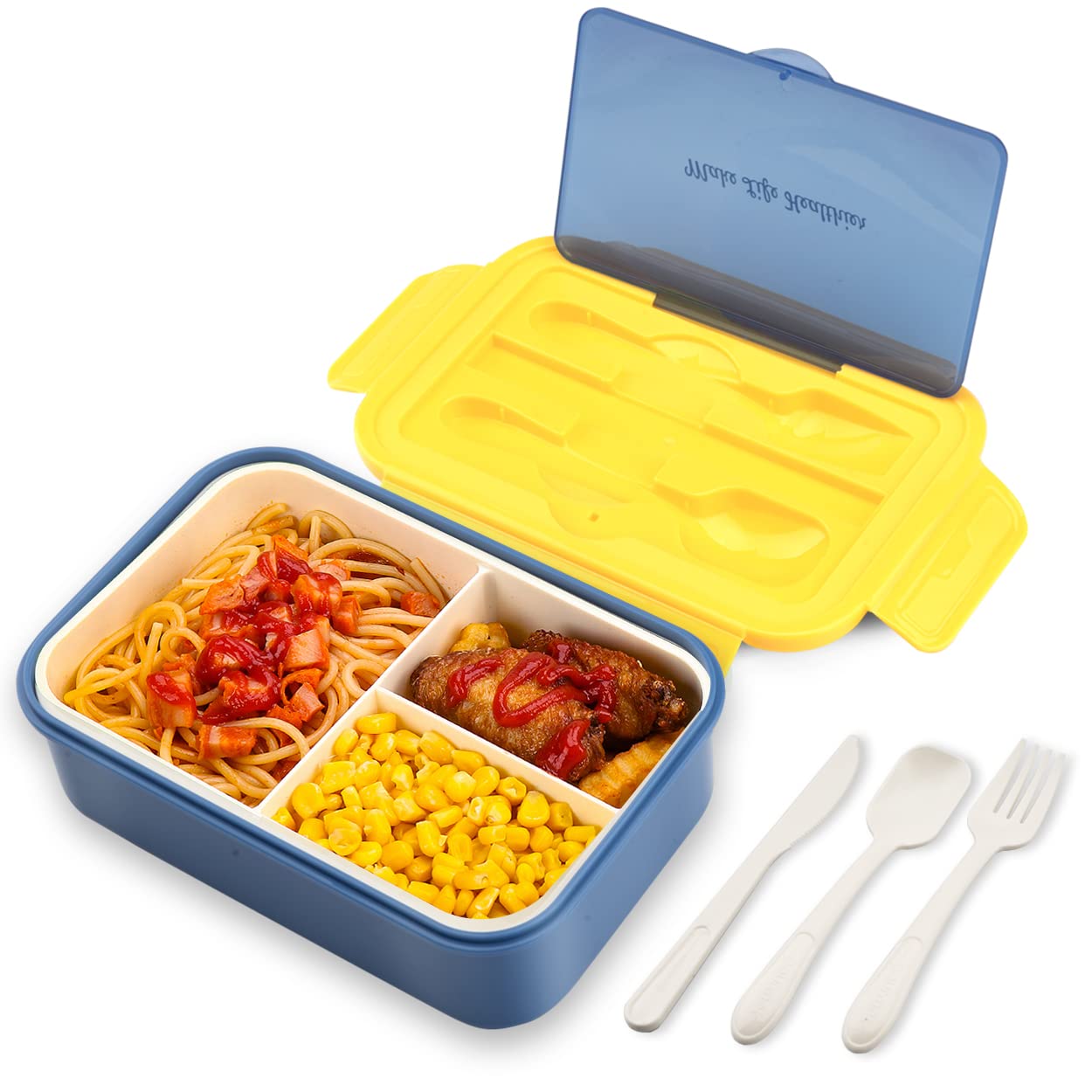 Bibury Porta Pranzo, Lunch Box Prova di Perdite, Bento Box con 3 Scomparti e Posate(Forchetta e Cucchiaio), Portapranzo, Sicuri per Microonde e Lavastoviglie - Blu
