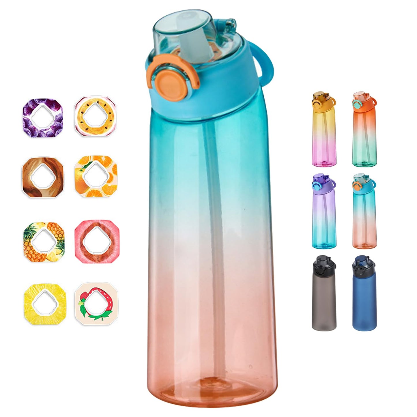 DPZO, Borraccia Air Gourde Up da 900 ml, per sport, con cannuccia, con 8 capsule aromatizzate, borraccia in tritan per l’allenamento (viola-blu sfumato)