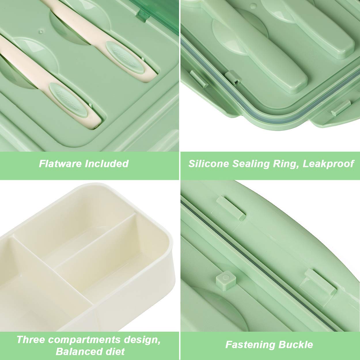 Bibury Porta Pranzo, Lunch Box Prova di Perdite, Bento Box con 3 Scomparti e Posate(Forchetta e Cucchiaio), Portapranzo, Sicuri per Microonde e Lavastoviglie - Blu