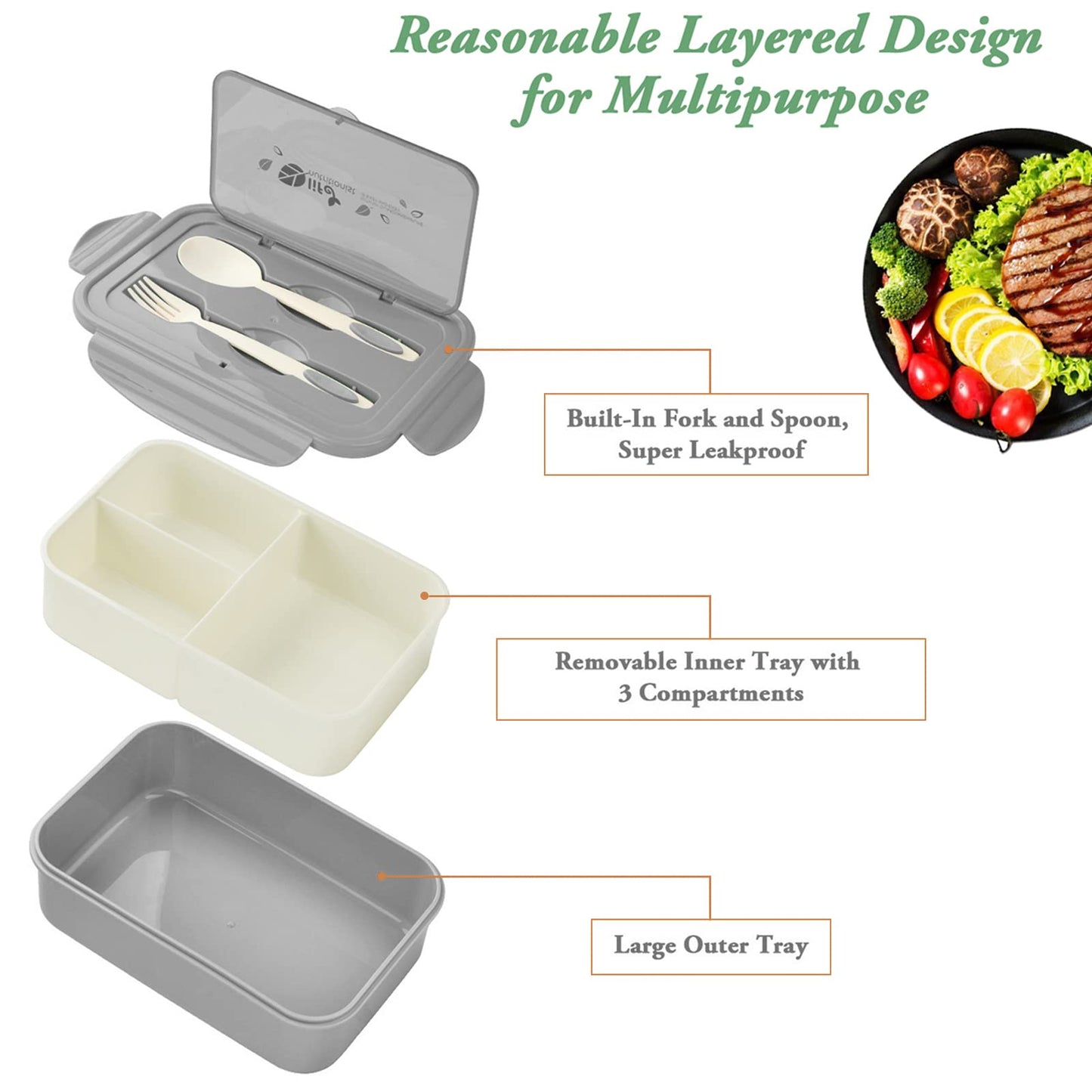 Bibury Porta Pranzo, Lunch Box Prova di Perdite, Bento Box con 3 Scomparti e Posate(Forchetta e Cucchiaio), Portapranzo, Sicuri per Microonde e Lavastoviglie - Blu