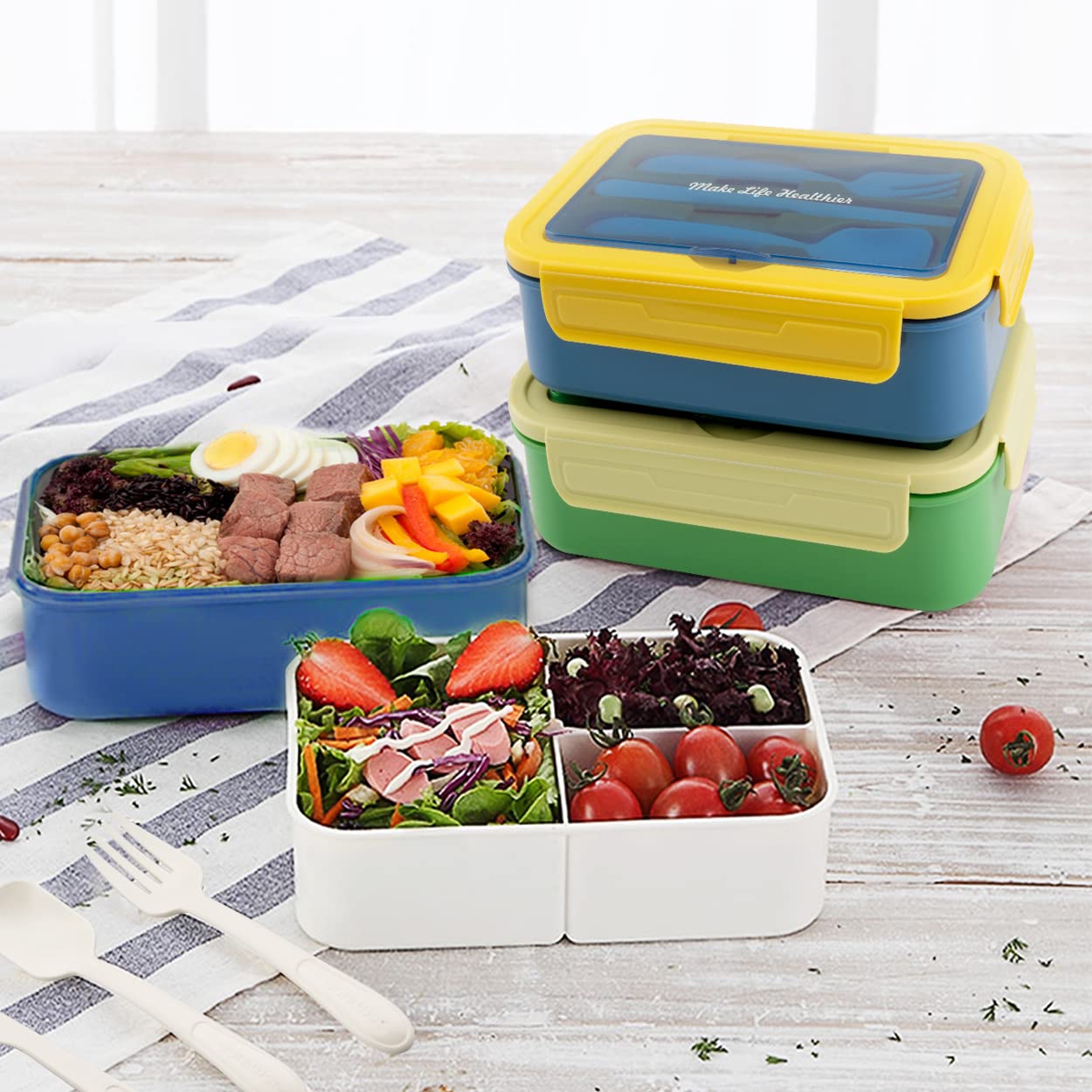 Bibury Porta Pranzo, Lunch Box Prova di Perdite, Bento Box con 3 Scomparti e Posate(Forchetta e Cucchiaio), Portapranzo, Sicuri per Microonde e Lavastoviglie - Blu