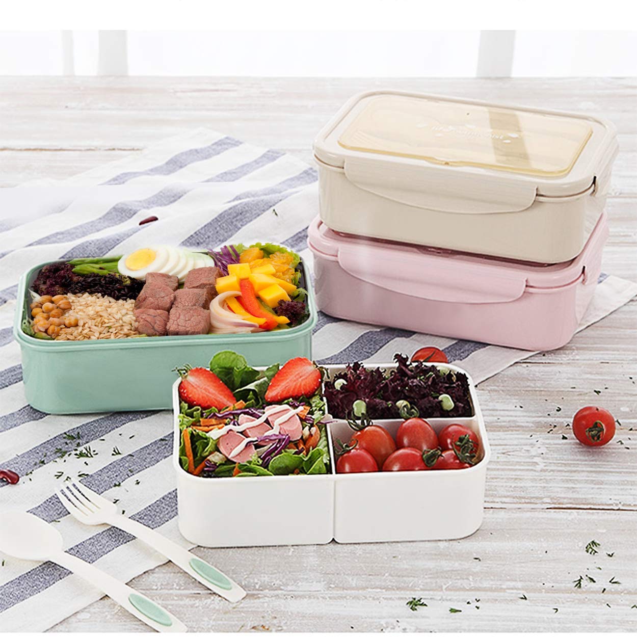 Bibury Porta Pranzo, Lunch Box Prova di Perdite, Bento Box con 3 Scomparti e Posate(Forchetta e Cucchiaio), Portapranzo, Sicuri per Microonde e Lavastoviglie - Blu