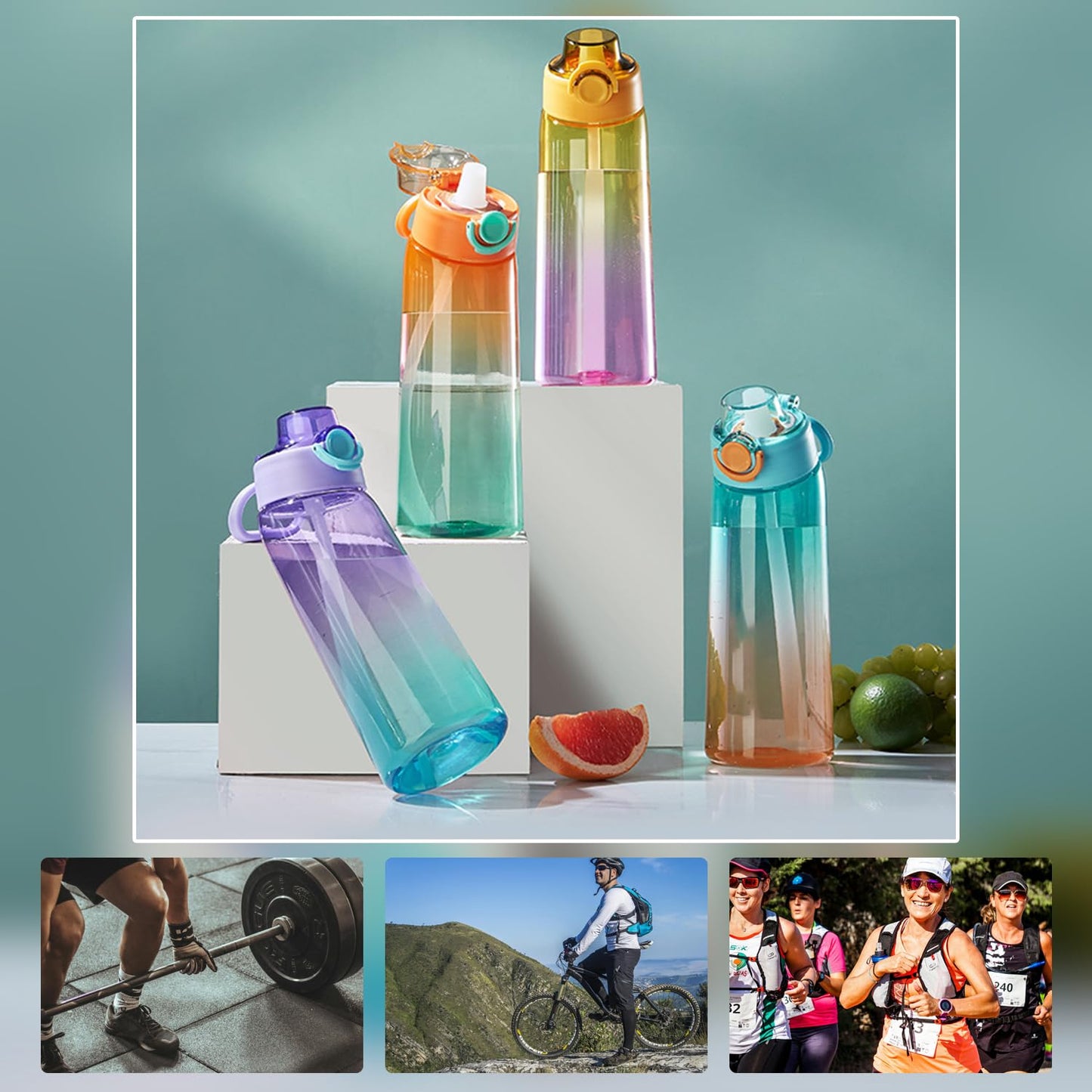 DPZO, Borraccia Air Gourde Up da 900 ml, per sport, con cannuccia, con 8 capsule aromatizzate, borraccia in tritan per l’allenamento (viola-blu sfumato)
