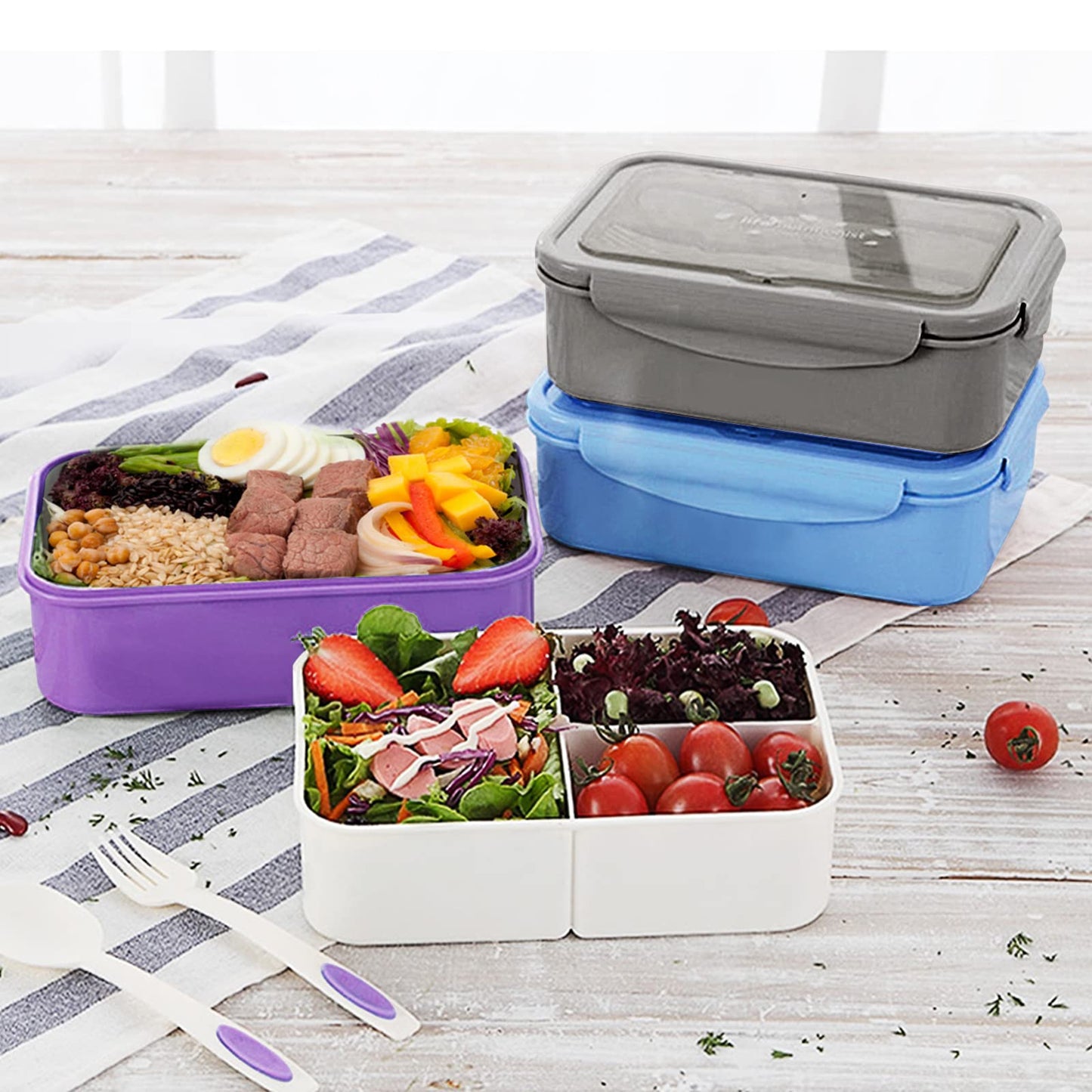 Bibury Porta Pranzo, Lunch Box Prova di Perdite, Bento Box con 3 Scomparti e Posate(Forchetta e Cucchiaio), Portapranzo, Sicuri per Microonde e Lavastoviglie - Blu