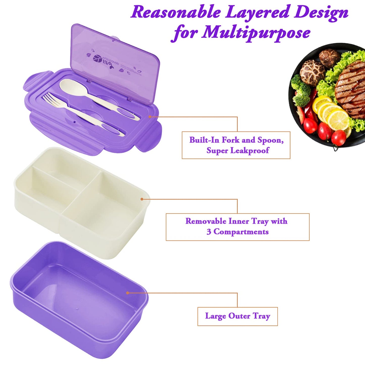 Bibury Porta Pranzo, Lunch Box Prova di Perdite, Bento Box con 3 Scomparti e Posate(Forchetta e Cucchiaio), Portapranzo, Sicuri per Microonde e Lavastoviglie - Blu