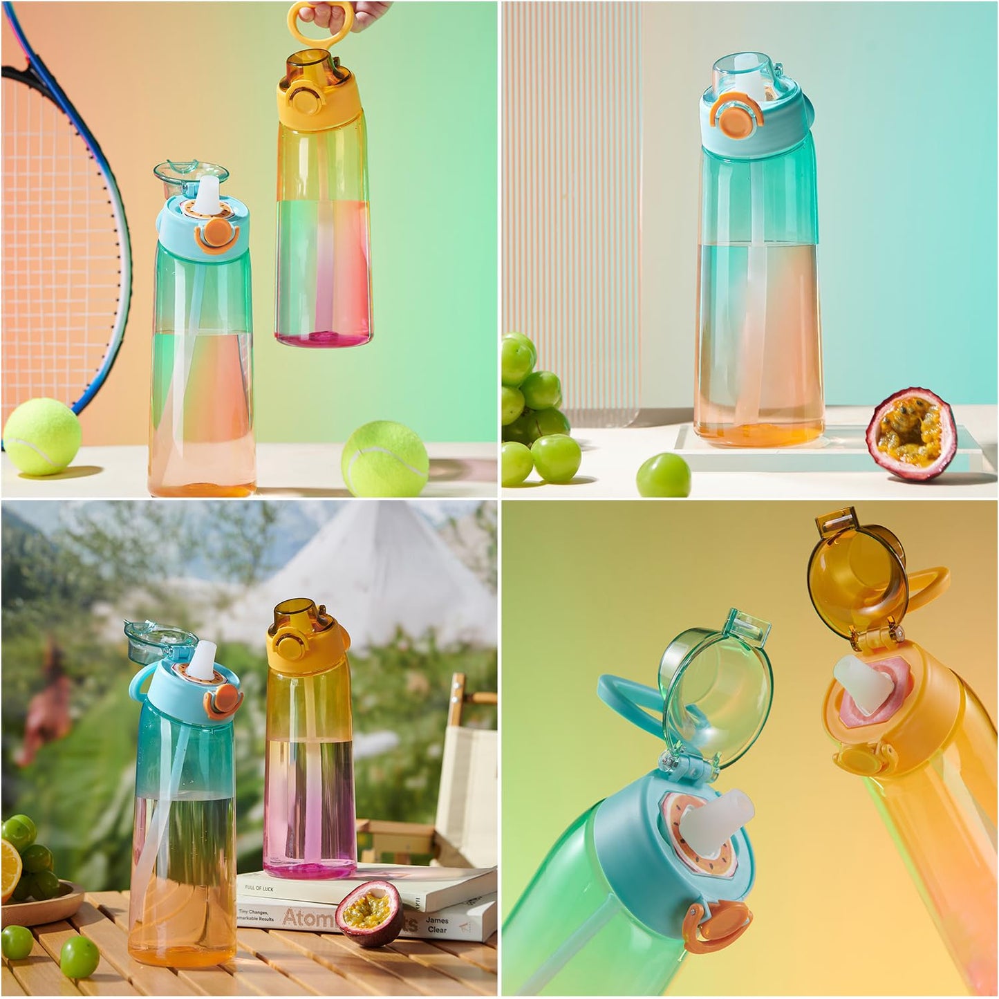 DPZO, Borraccia Air Gourde Up da 900 ml, per sport, con cannuccia, con 8 capsule aromatizzate, borraccia in tritan per l’allenamento (viola-blu sfumato)