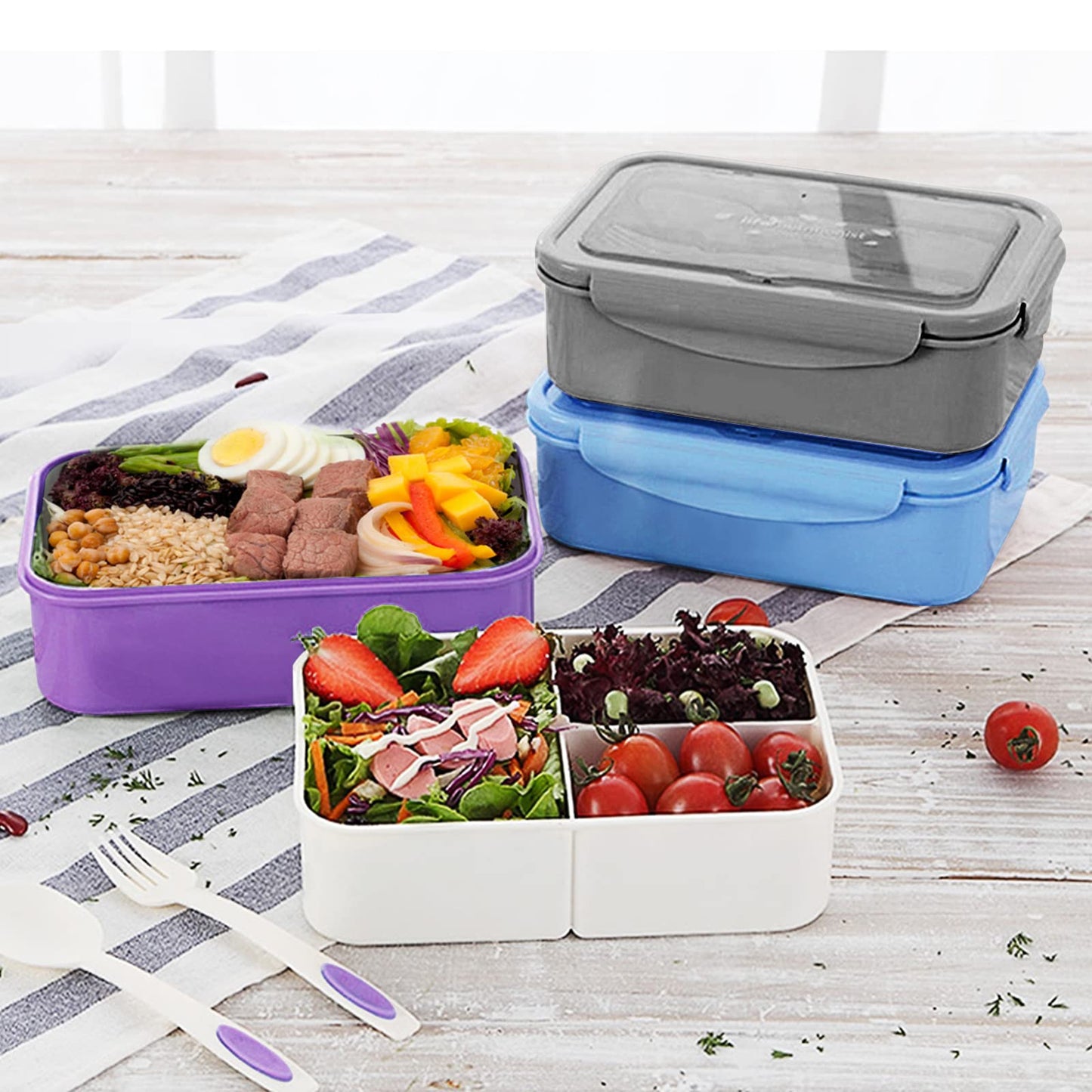 Bibury Porta Pranzo, Lunch Box Prova di Perdite, Bento Box con 3 Scomparti e Posate(Forchetta e Cucchiaio), Portapranzo, Sicuri per Microonde e Lavastoviglie - Blu