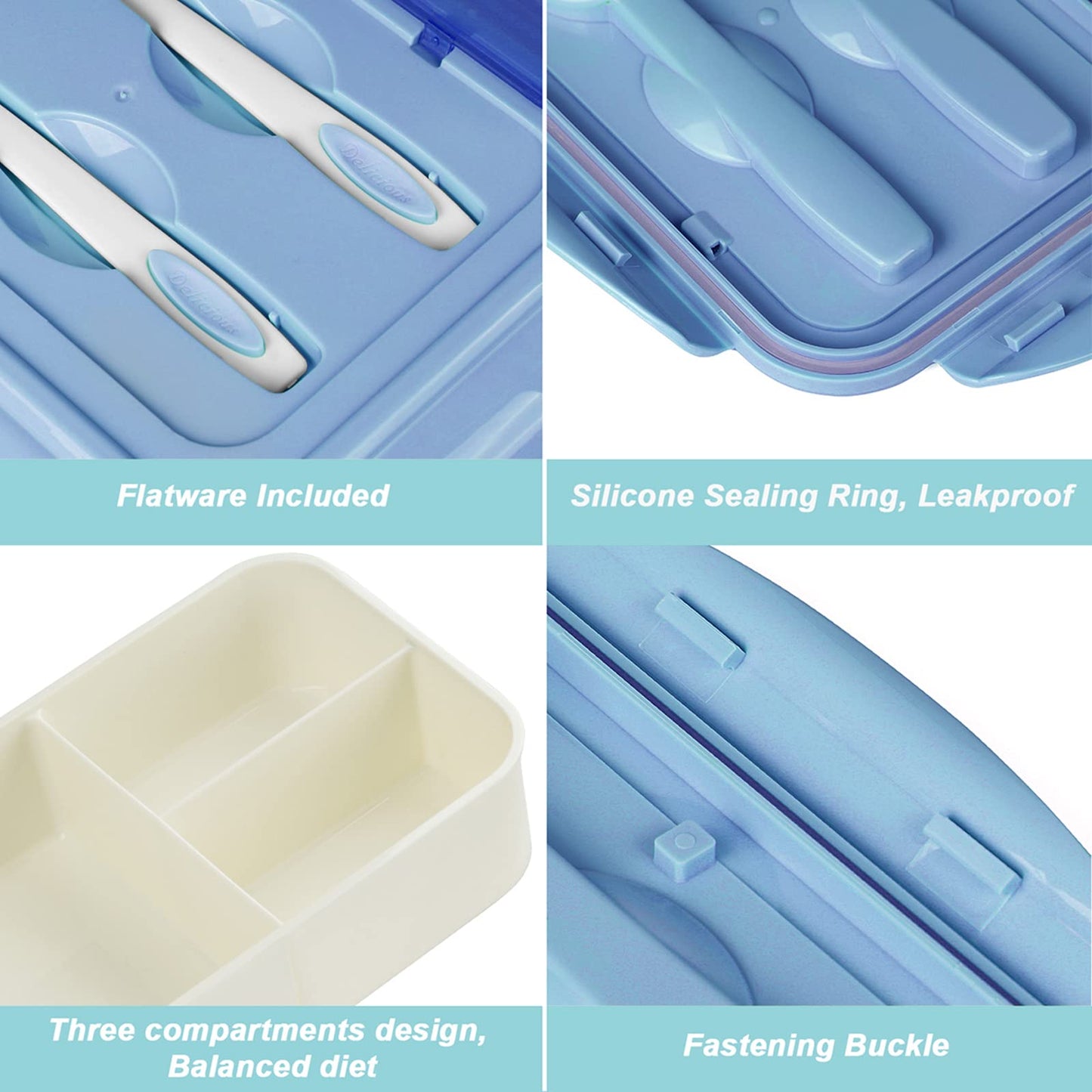 Bibury Porta Pranzo, Lunch Box Prova di Perdite, Bento Box con 3 Scomparti e Posate(Forchetta e Cucchiaio), Portapranzo, Sicuri per Microonde e Lavastoviglie - Blu