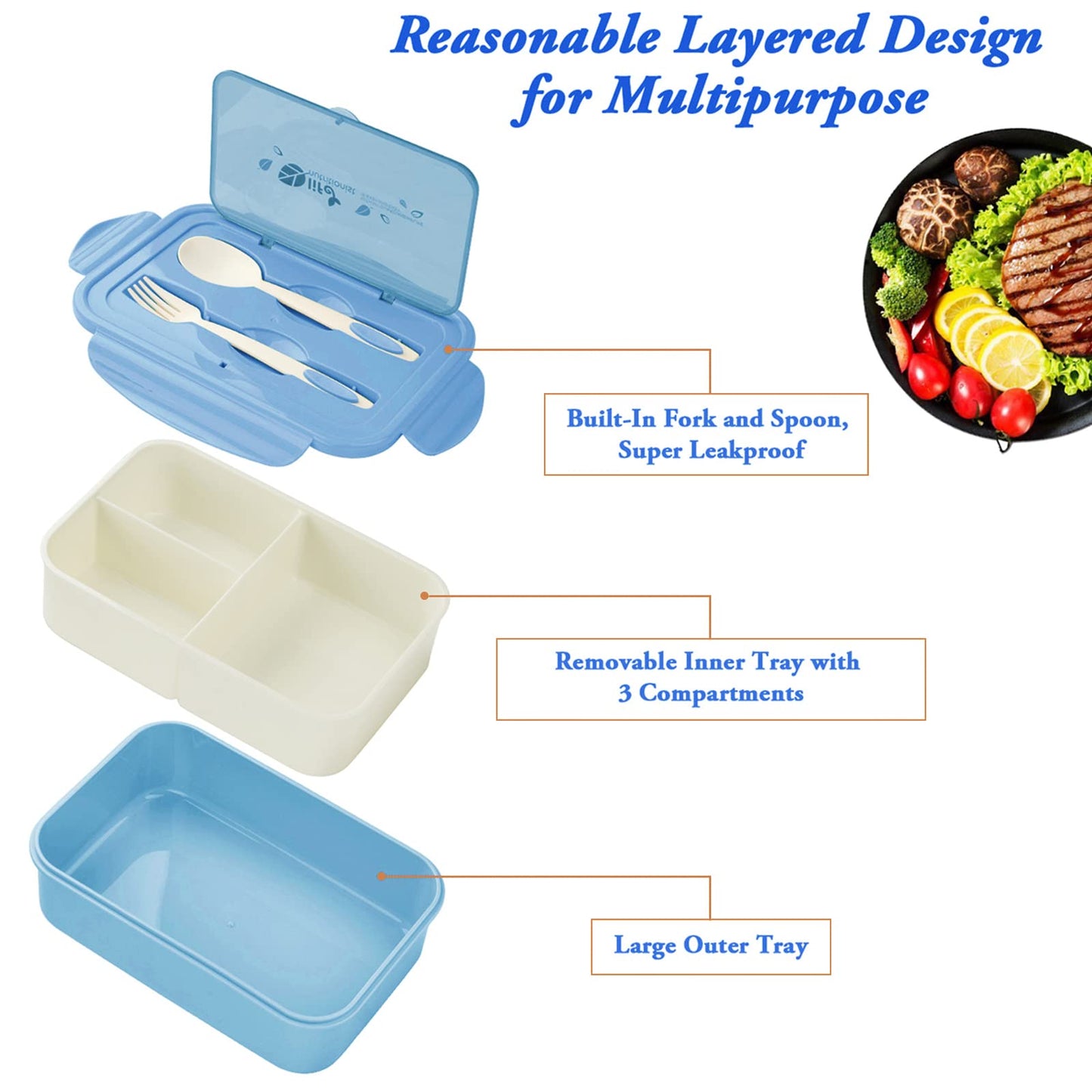 Bibury Porta Pranzo, Lunch Box Prova di Perdite, Bento Box con 3 Scomparti e Posate(Forchetta e Cucchiaio), Portapranzo, Sicuri per Microonde e Lavastoviglie - Blu