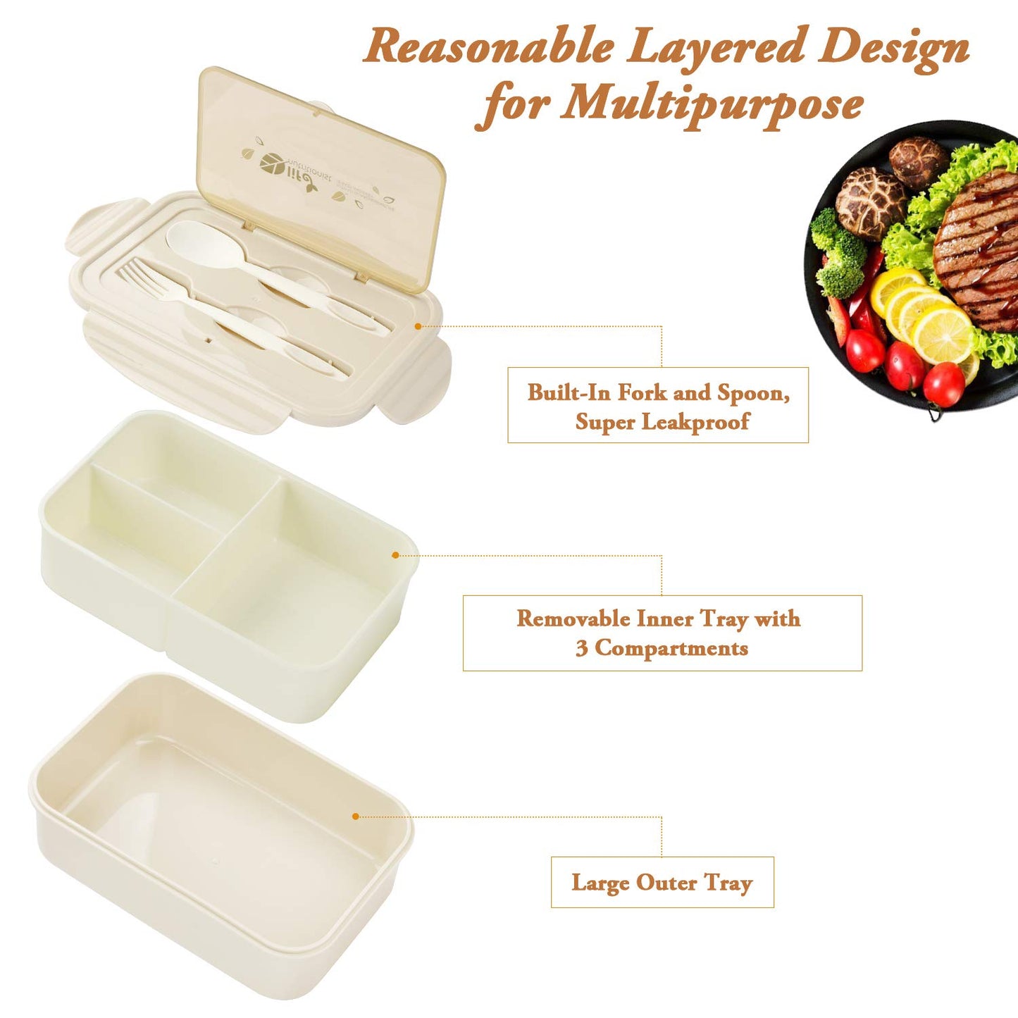 Bibury Porta Pranzo, Lunch Box Prova di Perdite, Bento Box con 3 Scomparti e Posate(Forchetta e Cucchiaio), Portapranzo, Sicuri per Microonde e Lavastoviglie - Blu