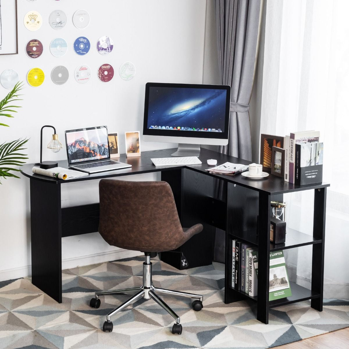 Scrivania per Computer a Forma Di L Con 2 Mensole Aperte, Scrivania Angolare Salva Spazio per Casa E Ufficio Nero