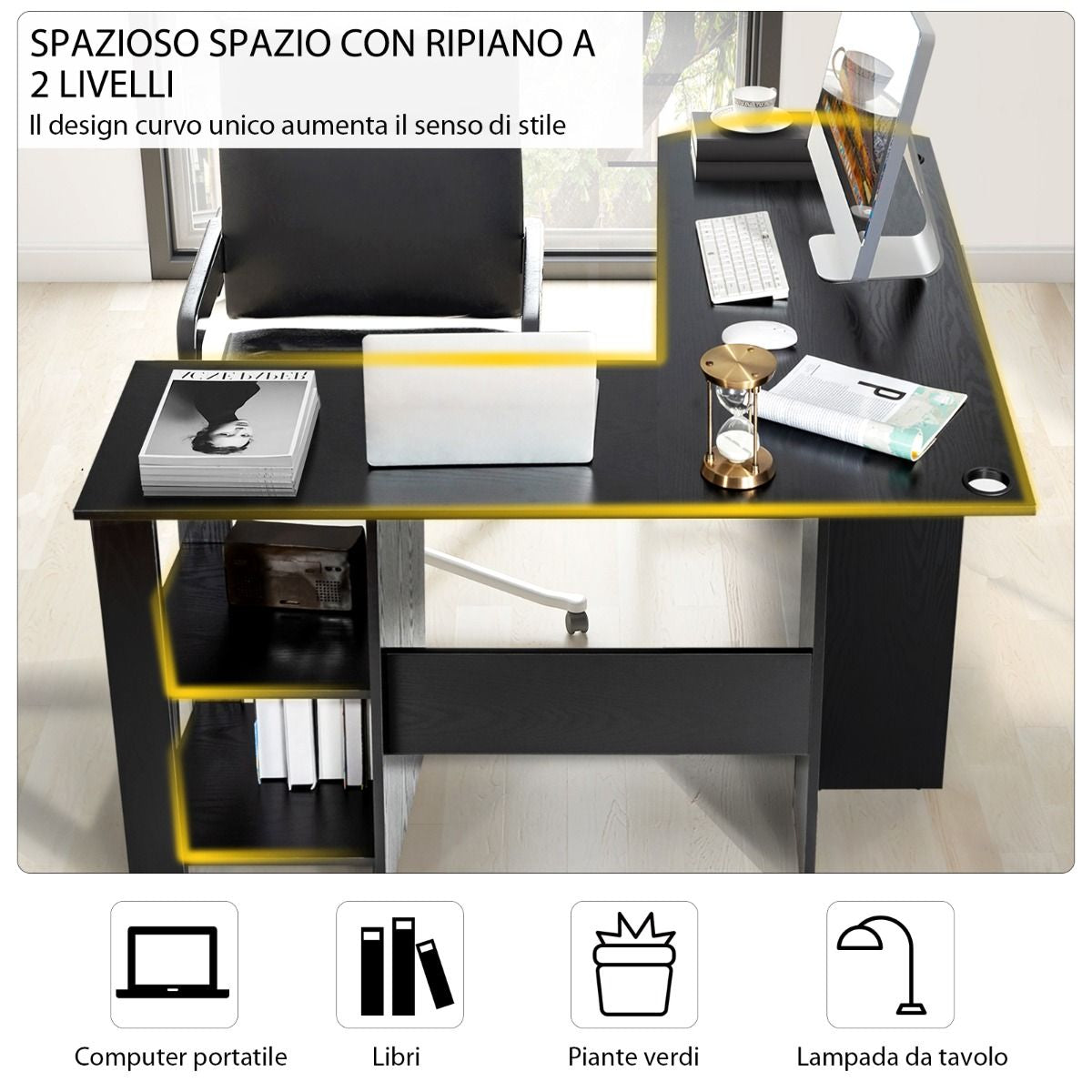 Scrivania per Computer a Forma Di L Con 2 Mensole Aperte, Scrivania Angolare Salva Spazio per Casa E Ufficio Nero